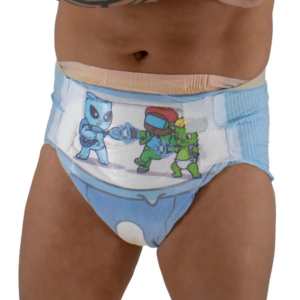 Tykables Soggers Adult Nappies, featuring 3 fictitious cartoon sog monsters characters coloured blue and green on a white background. The nappy has four strong hook and loop (active Little Grips [tm]) tabs on a blue background