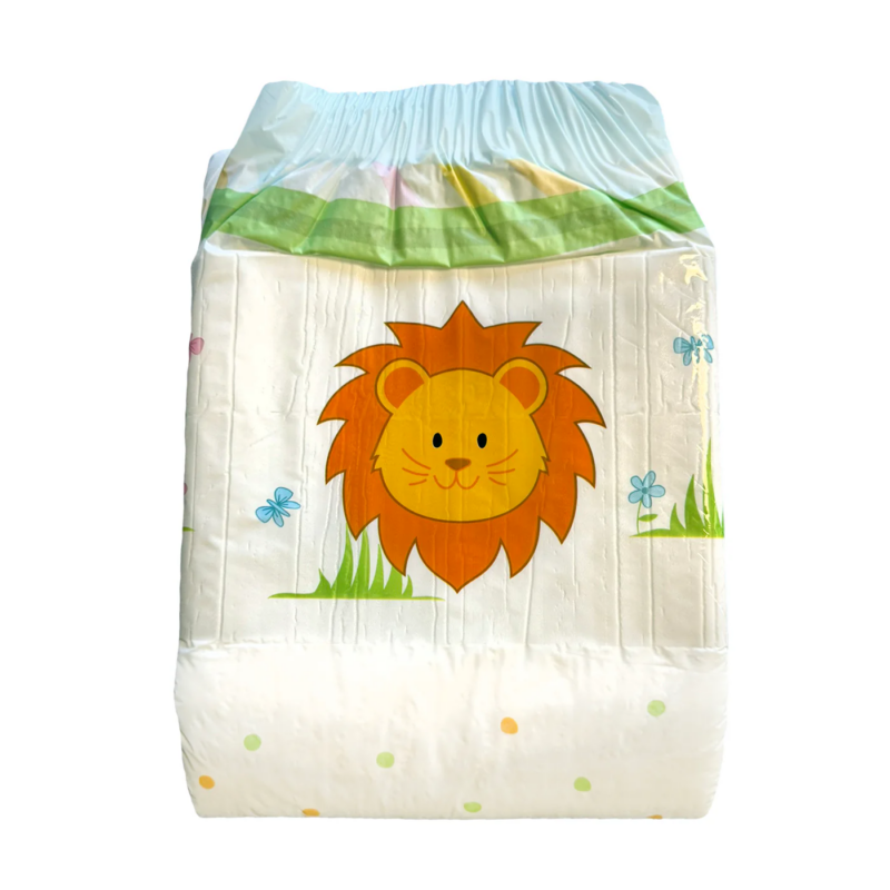 NappiesRUs adult incontinence pad a white background with a cartoon lion in grass and green and yellow spots.