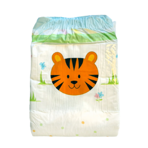 NappiesRUs Tinimals nappy with all over print with white background with cartoon tiger head the foreground is decorated with yellow and green spots. This is the front of thenappy. These nappies hold 800ml