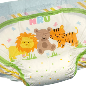 NappiesRUs Tinimals nappy with all over print with white background with cartoon lion, bear and tiger, playing together with grass in the foreground decorated with yellow and green spots. This is the rear of nappy. These nappies hold 800ml