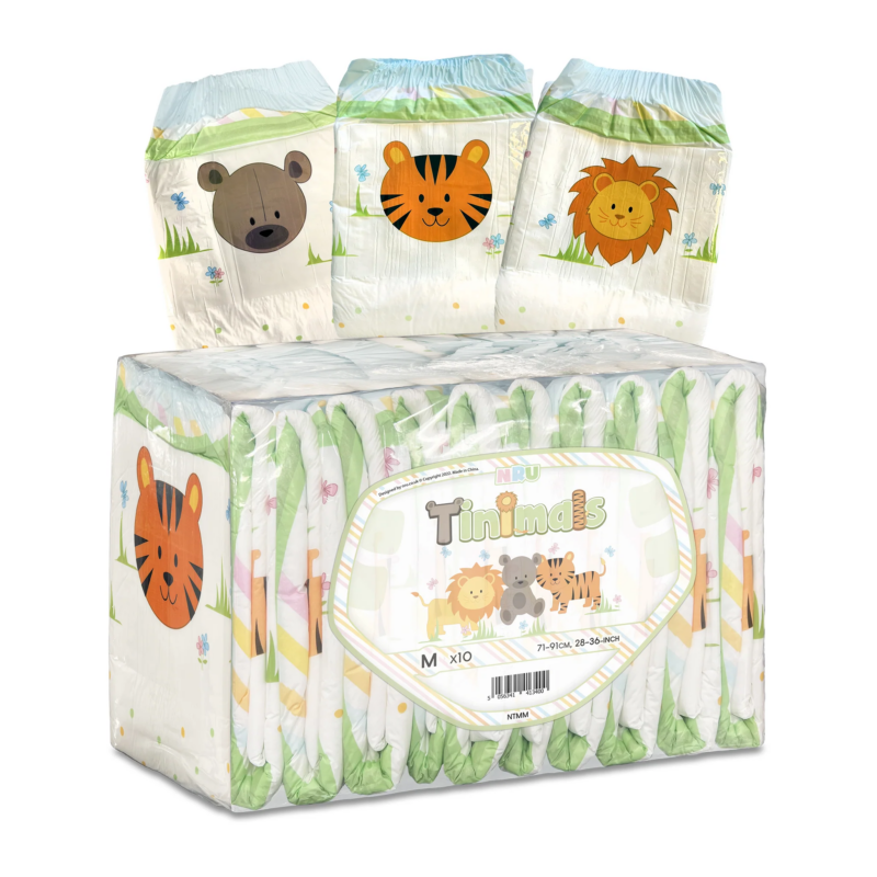 Picture shows a pack of NappiesRUs adult diapers. There are three separate nappies also in the picture with cartoon bear, tiger and lion.